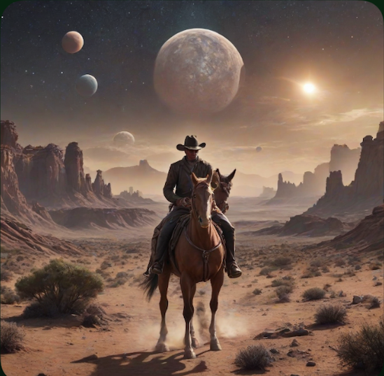AI image of a cowboy on an alien planet, generated on device